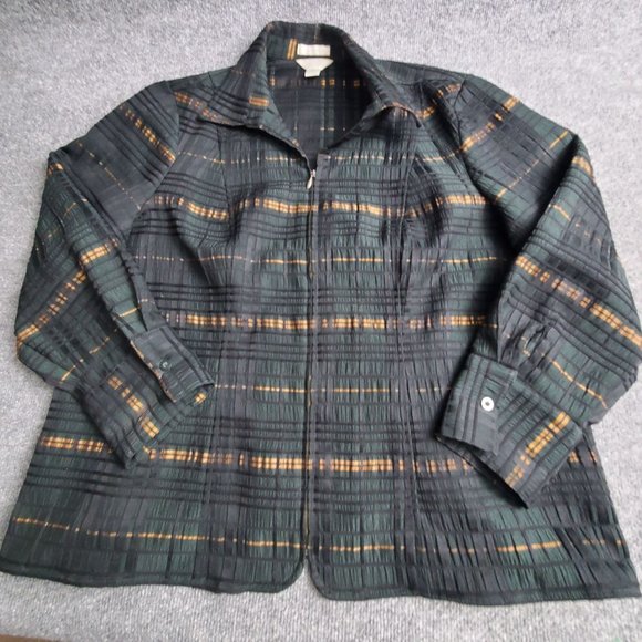 CJ Banks Jacket Womens Size XL  Full Zip Gray Plaid Button Stretch Crinkle Long - Picture 1 of 9